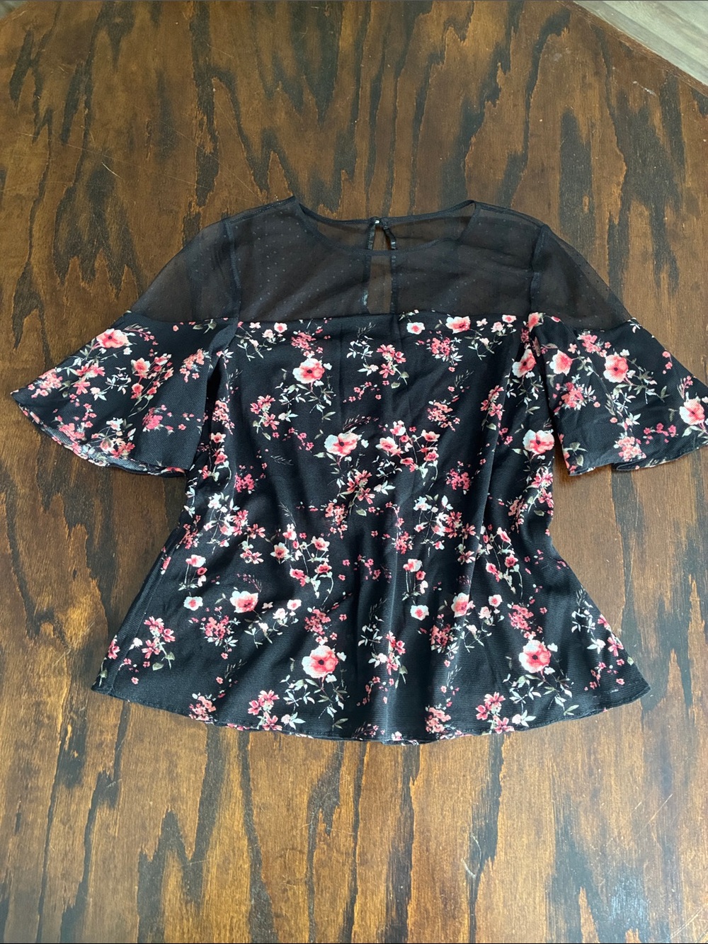 White House Black Market Black Floral Mesh Yoke Blouse